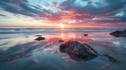 Wall Mural - Beautiful sunset on a pristine ocean beach, showcasing vibrant sky colors reflected on calm, tranquil waters