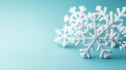 Poster - Snowflake abstract background idea. A close-up of beautiful snowflakes on a soft blue background, creating a winter feeling.