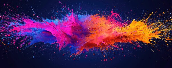 Poster - Splatter abstract background concept. Vibrant color splash design with dynamic movement and contrasting hues on dark background.