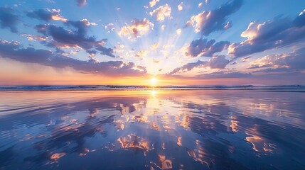 Wall Mural - beautiful sunset on a pristine ocean beach, showcasing vibrant sky colors reflected on calm, tranqui