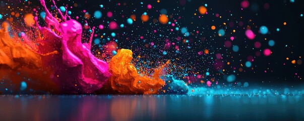 Poster - Splatter abstract background concept. Colorful splashes of paint create vibrant patterns on a dark background.