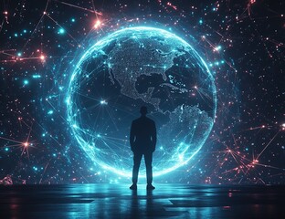 Poster - Global Network Connection: A Silhouette of Man Gazing at a Futuristic Earth