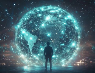 Poster - Global Network Connection: A Man Contemplating the Interconnected World