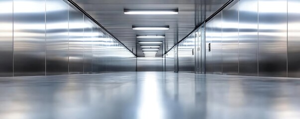 Poster - Brushed abstract background concept. A sleek, modern corridor featuring metallic walls and bright ceiling lights.