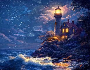 Wall Mural - Lighthouse Night Scene