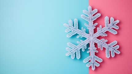 Poster - Snowflake abstract background idea. Colorful snowflake on a split pastel background representing winter and holidays.