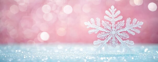 Aufkleber - Snowflake abstract background idea. A delicate snowflake resting on a shimmering surface with a soft pink background.