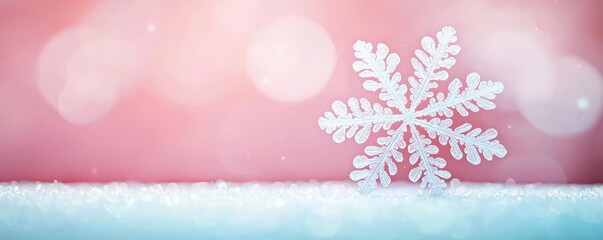 Poster - Snowflake abstract background idea. A delicate snowflake resting on a soft, snowy surface with a dreamy pink backdrop.