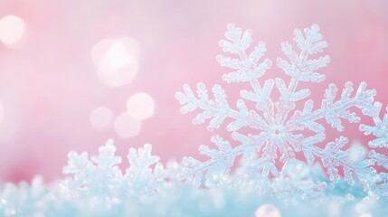 Poster - Snowflake abstract background idea. A delicate snowflake resting on soft blue snow against a dreamy pink background.