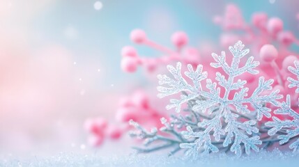 Poster - Snowflake abstract background idea. Delicate snowflake surrounded by soft pink berries on a tranquil winter backdrop.