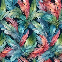 Wall Mural - vibrant feathers in shades of blue green pink and red create a lively intricate and colorful pattern