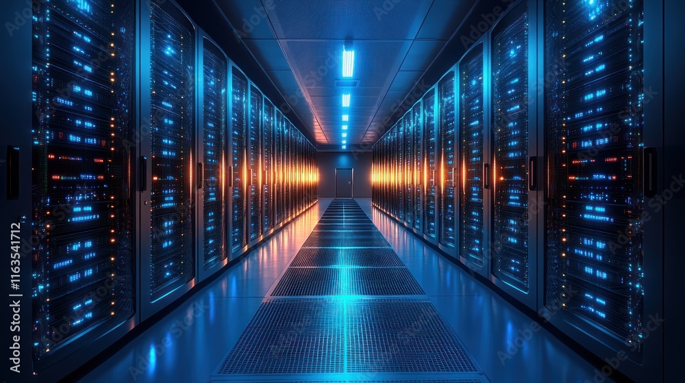 Long corridor of lit-up server racks in a modern data center. Stock ...