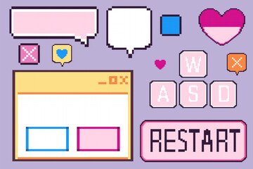 Fototapete - Retro software user interface elements set isolated on background. Vector illustration of blank y2k messenger window, empty speech bubble, pixel heart icon, restart button, vaporwave computer design