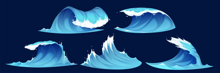 Cartoon ocean wave set. Stormy water elements with dynamic blue surf peaks and white foam crests and splashing droplets on dark background for sea animation, game design or marine illustrations.