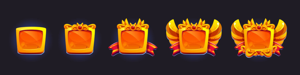 Poster - Game rank badge evolution set with golden frames. Progression from basic square to ornate winged emblem with gold panels, decorative wings, red ribbons and glowing gemstones. Level achievement label.