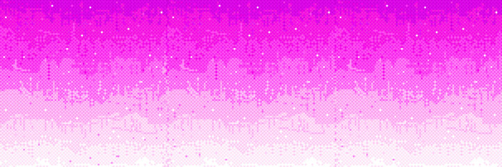 Poster - Pixel bitmap background with bright pink gradient fading into white bottom. Small scattered sparkles create starry effect across surface. Pixelated pattern for retro banner or vaporwave aesthetic.
