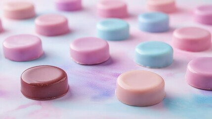 Aufkleber - Pastel chocolates concept. Colorful candy sweets arranged artistically on a pastel background.
