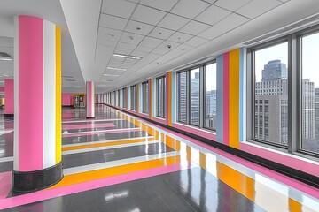 Wall Mural - Colorful modern hallway with city view windows