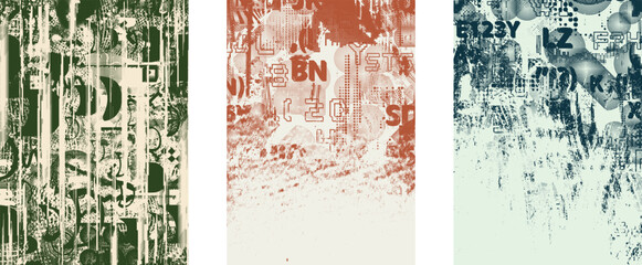 Poster - Set of posters with glitch distorted grunge texture. Poster collection texture with halftone dots, glitched shapes, textures and lines .Screen print vector poster pack with grunge textured surface