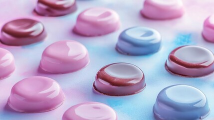 Aufkleber - Pastel chocolates concept. Delicious pastel-colored candies arranged on a soft background, inviting sweetness.