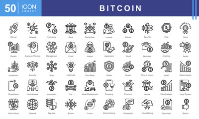 Poster - Bitcoin theme icon set embodies the essence of cryptocurrency, blockchain technology, and digital finance. This collection includes modern, sleek icons designed for fintech, trading, and investment.