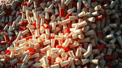 a massive pile of discarded paper and plastic cups, many stained red, showing the environmental impa