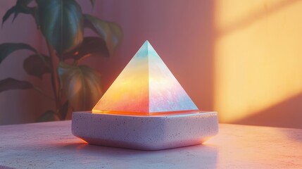 Poster - A luminous pyramid sculpture casting colorful light in a serene environment.
