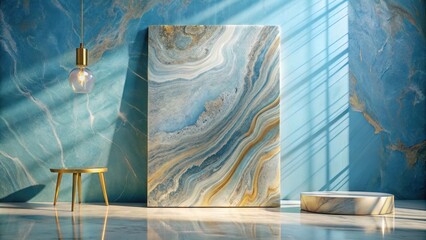 Wall Mural - Serene Display Elegant Swirling Marble Panel with Golden Accents and Minimalist Pedestal