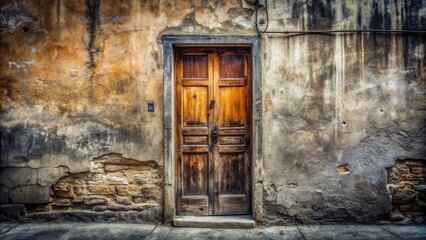 Wall Mural - A weathered wooden door set within a crumbling stone wall, exhibiting the passage of time and enduring resilience