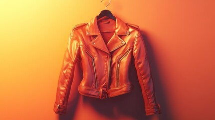 Poster - Orange leather jacket hanging on a hanger against an orange background.