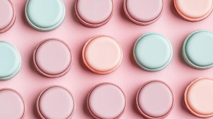 Aufkleber - Pastel chocolates idea. A colorful display of pastel macarons arranged on a pink background.