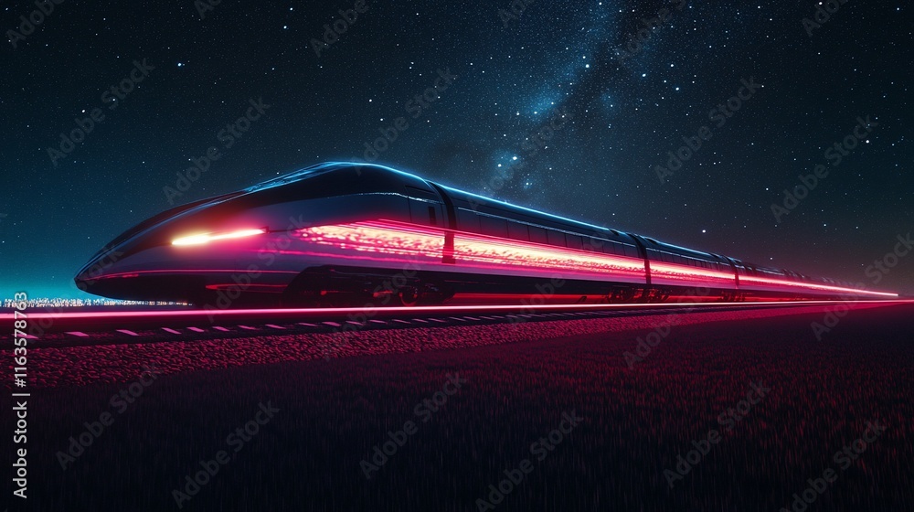 Futuristic high-speed train moving at night under a starry sky. Vivid ...