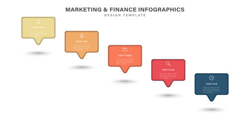 Business infographic label design. Concept of startup development with 5 options or steps