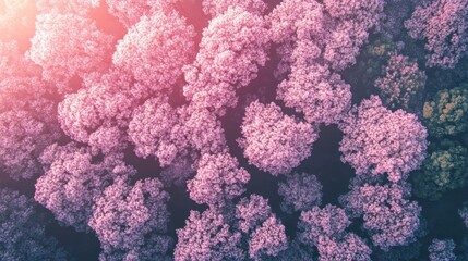 Poster - Aerial view of pink blossoming trees in a forest during sunset.
