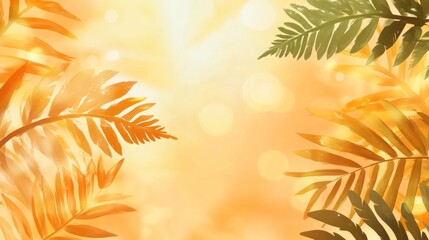 Poster - Golden and green fern leaves on bright bokeh background.