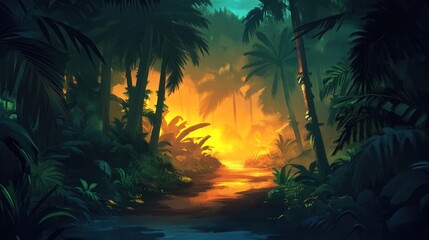 Aufkleber - Lush tropical jungle path at sunset, vibrant foliage, warm light.