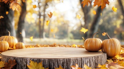 Poster - Autumnal scene with pumpkins on wooden stump, falling leaves.