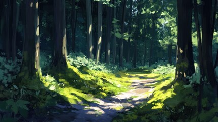 Aufkleber - Sunlit path through lush green forest with tall trees and mossy ground.