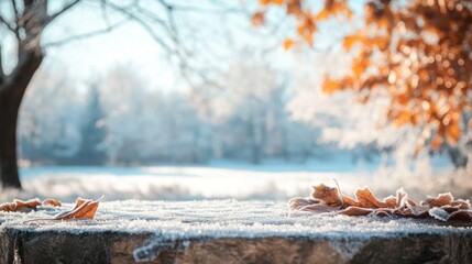 Poster - Frosty autumn leaves on a stone surface with a blurred winter background.