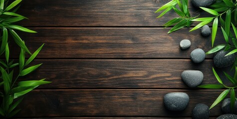 Poster - Dark wood background with green bamboo leaves and grey stones.