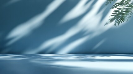 Aufkleber - Soft light illuminates a serene blue studio space with fern shadows, ideal for product display.