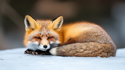 Poster - Red fox curled up on snowy ground, resting.