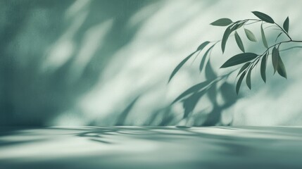 Poster - Serene studio shot of eucalyptus branch casting shadows on a minimalist backdrop.