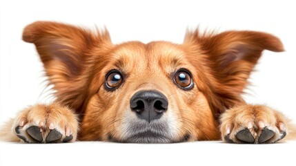 Poster - Adorable reddish-brown dog with big eyes peeking over white background.