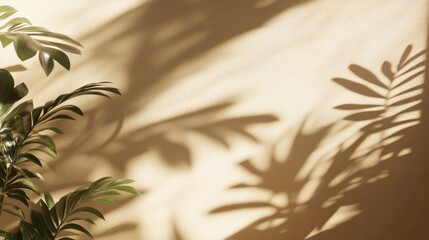 Poster - Sunlight casts shadows of tropical plant leaves on a beige wall.