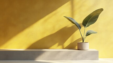 Aufkleber - Minimalist interior scene with potted plant on concrete shelf against yellow wall, sunlight shadows.