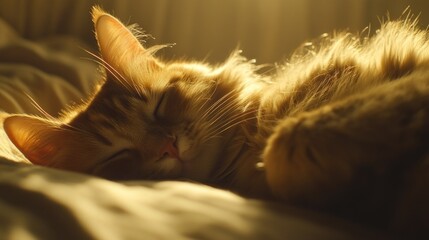 Poster - Fluffy ginger cat peacefully sleeping on soft bedding, bathed in warm sunlight.