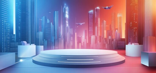 Poster - Futuristic city skyline backdrop with empty stage and flying drones.