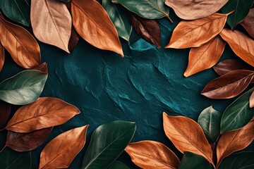 Aufkleber - Autumn leaves frame on teal textured background.
