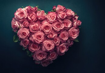 Wall Mural - Heart made of pink roses isolated on a dark background